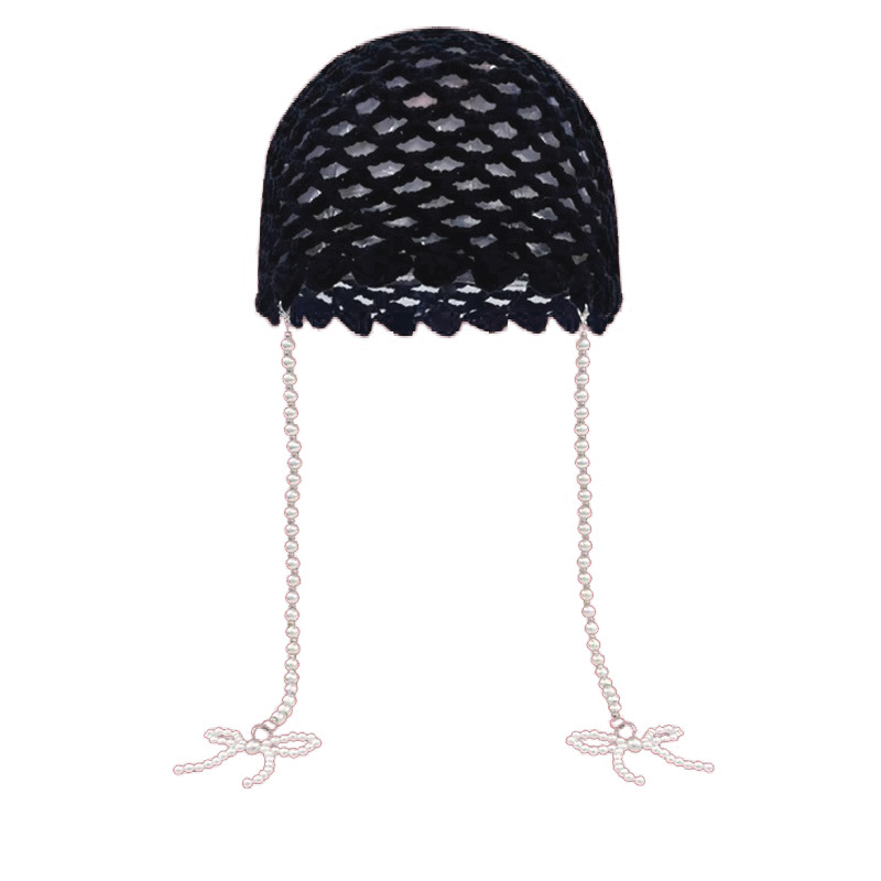 Korean style pearl bow red hooded beanie for women, retro hollowed-out beanie, large head circumference, makes face look smaller, knitted hat.