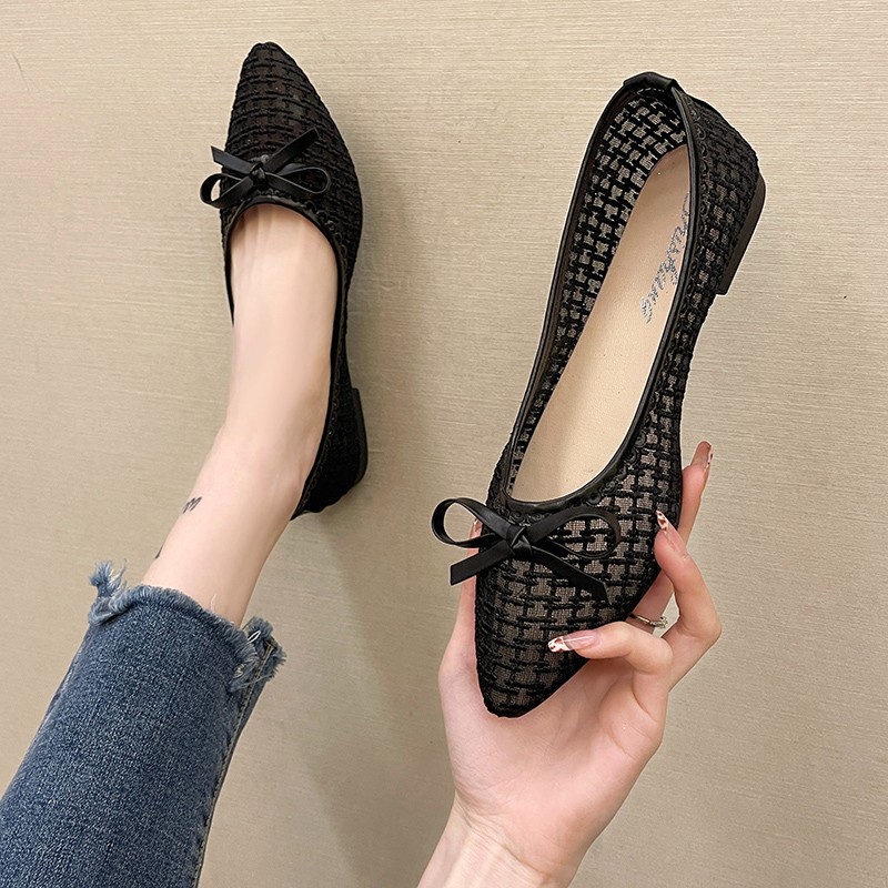 Women's Flat Comfortable Shoes 2025 New Fashionable Pointed Toe Bow Low Mouth Mesh Hollow Out Breathable Loafers