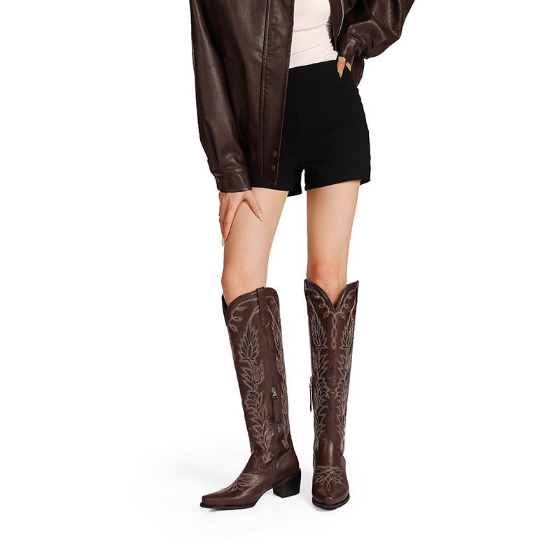 European and American cross-border side zipper sleeve knight boots, thick-heeled mid-heeled embroidered high boots, women's boots, leather boots, western boots