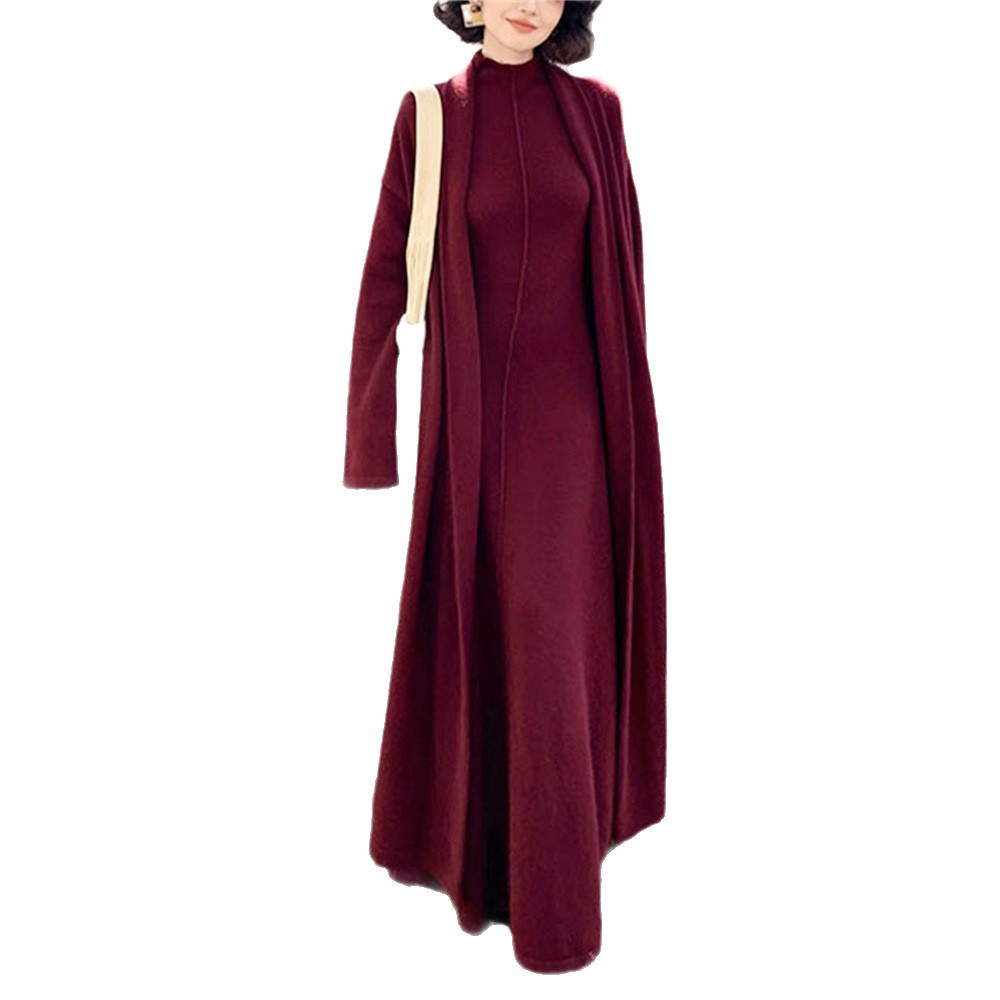 Hong Kong-style retro long dress, knitted cardigan, high-neck dress, two-piece set, new autumn and winter style sweater set for women