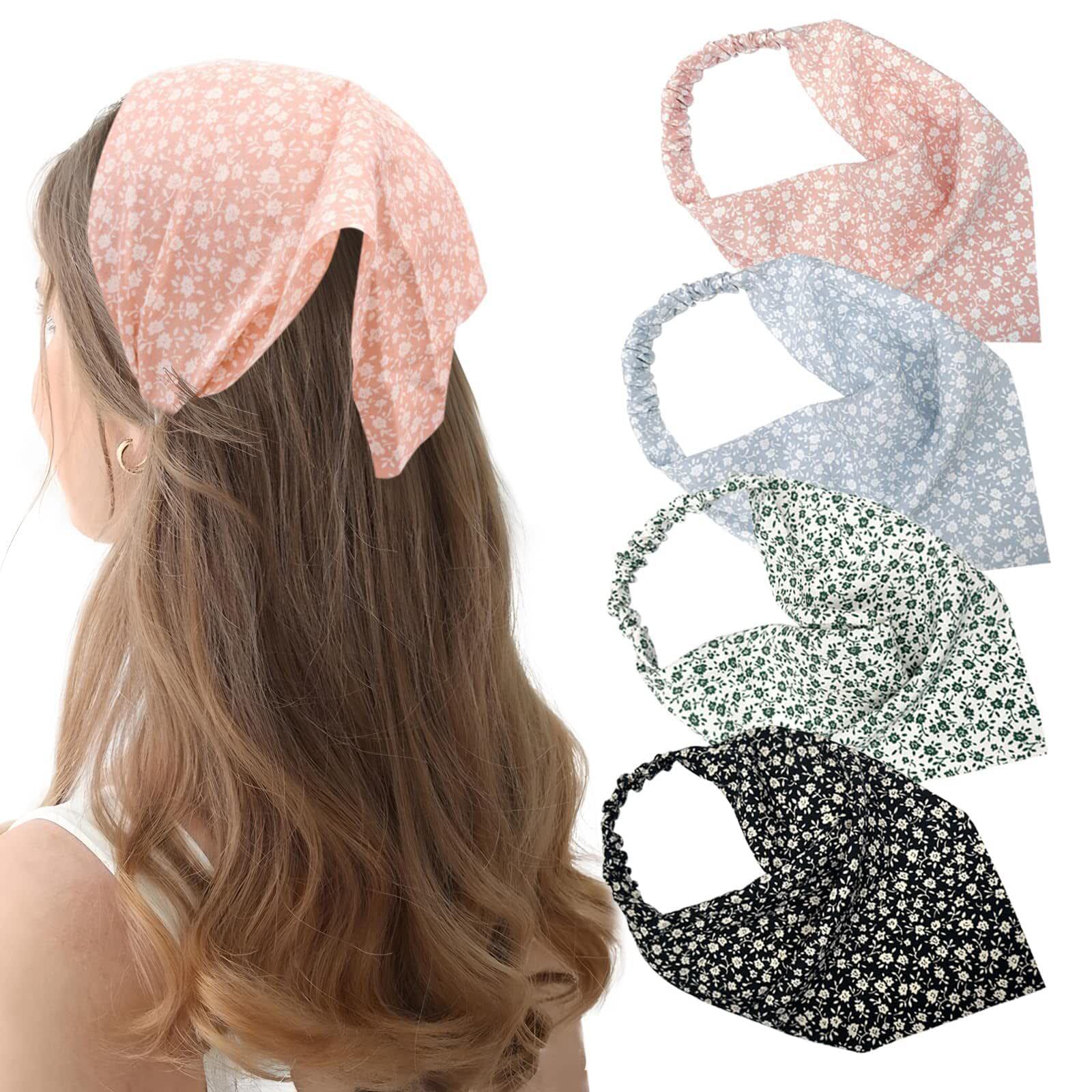 New Daisy Floral Print Chiffon Headband Triangle Scarf for Women with Elastic Band, Pastoral Style.
