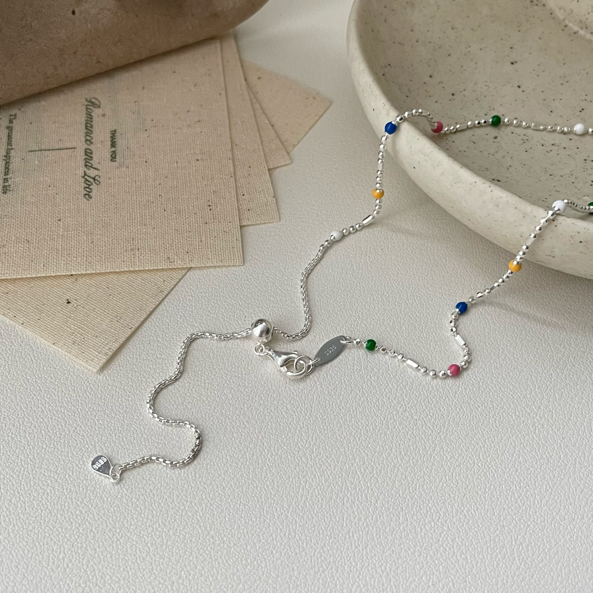 S925 Sterling Silver Rainbow Drop Glazed Round Bead Pull-Out Necklace, Exquisite Minimalist Design, Stylish Clavicle Chain