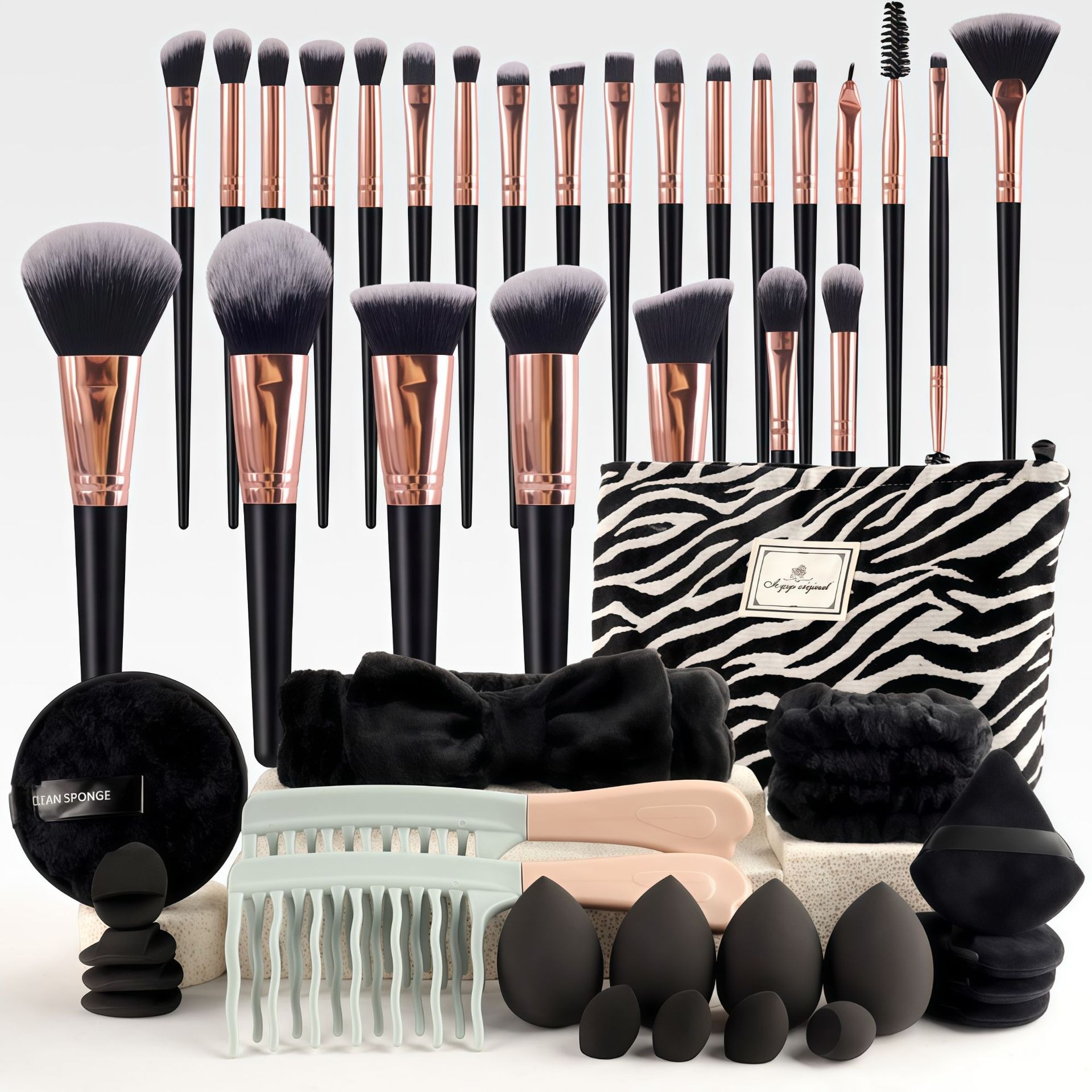 Cross-border best-selling 47-piece beauty tool set, Chanel-style makeup bag, makeup brushes, powder puff set, hairband wholesale.