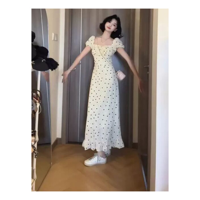 Miu style French square neck puff sleeve dress 2025, beautiful and unique Korean style gentle and elegant long dress