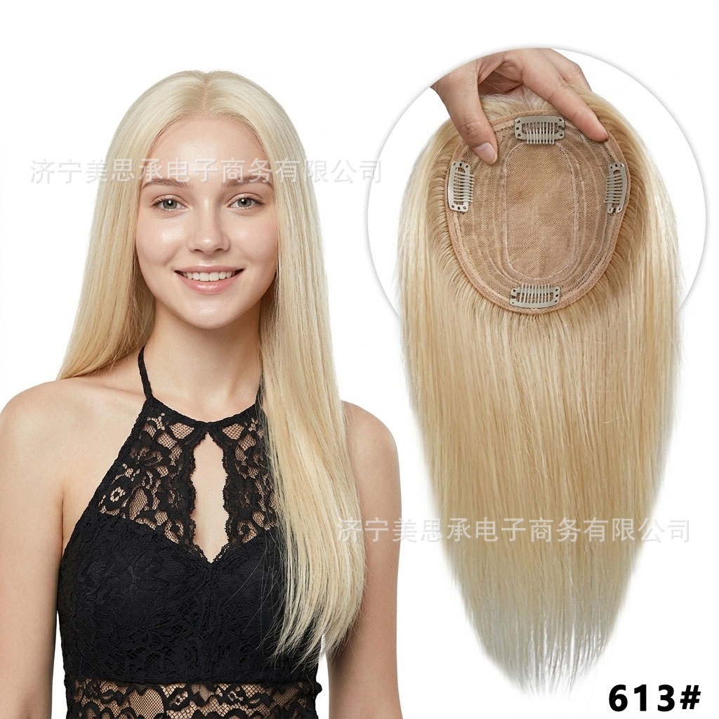 Amazon TUME women's wigs, cross-border e-commerce, real human hair, fashionable and natural large mesh, machine-made hair replacement pieces to cover gray hair.