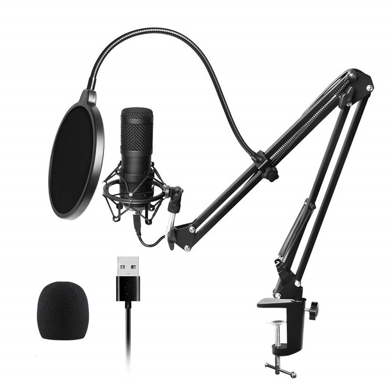 Condenser USB microphone for desktop computers, gaming, esports, live streaming, and includes a stand.