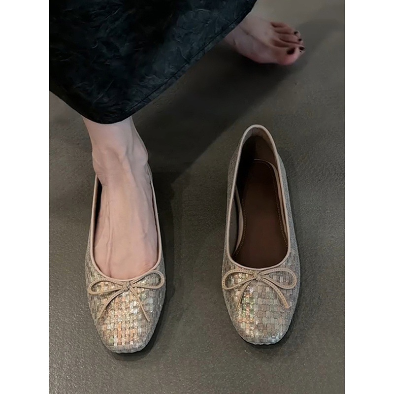 ~ Retro bow woven flat ballet shoes for women, Korean version genuine leather, versatile shallow opening single shoes, 2026 new style
