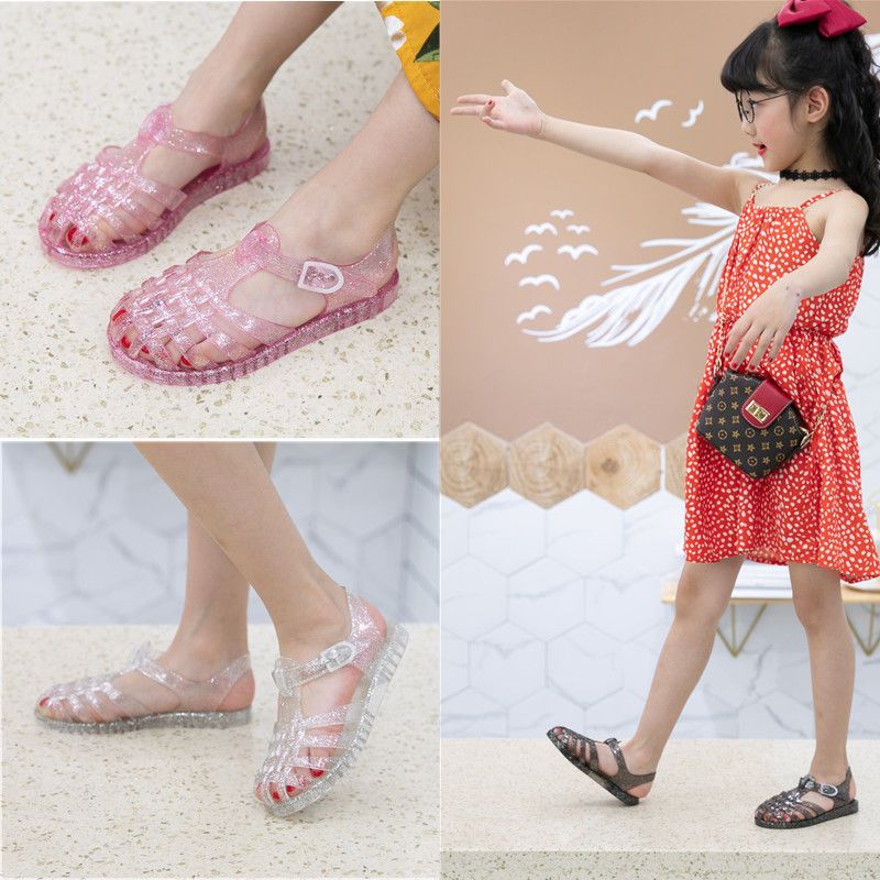 2026 New Summer Baotou Women's Hollow-out Sandals with Sparkling Crystal Roman Sandals Jelly Shoes Rain Boots for Children