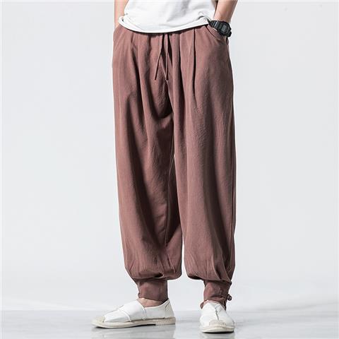 Spring/Summer Cotton Linen Monk Pants, Zen-Inspired Layman Pants, Chinese Style Zen Meditation Casual Pants, Harem Lantern Pants with Jogger Knees
