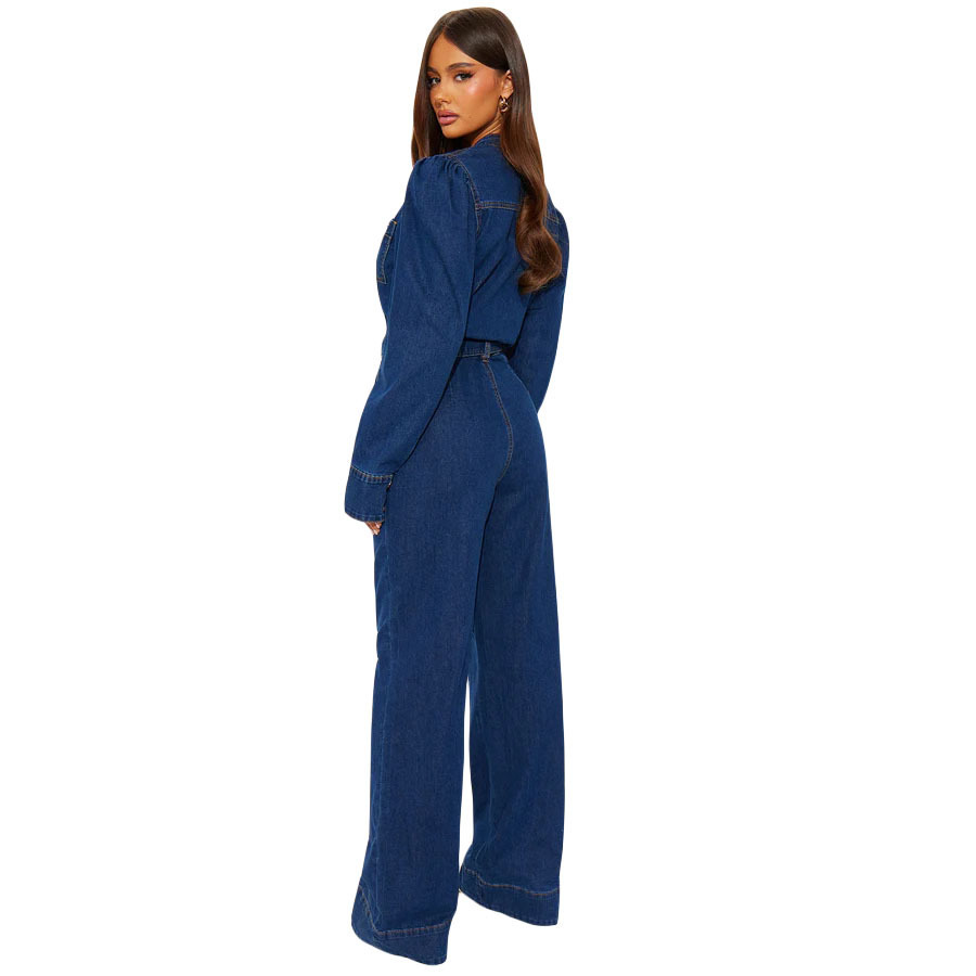 New slim-fit, stretchy, washable long-sleeved wide-leg denim jumpsuit for women on Amazon, cross-border jumpsuit