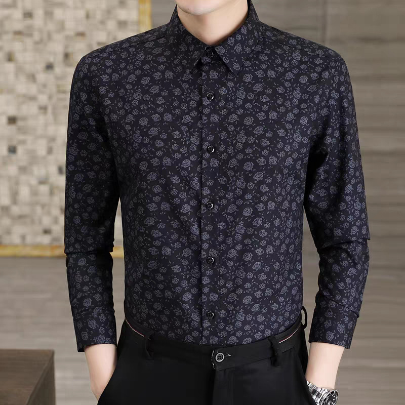 Spring and autumn high-end fashionable floral print shirts for men, stylish and cool business casual high-end non-ironing long-sleeved shirts