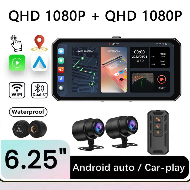 Motorcycle CarPlay Car Infotainment System, Motorcycle Front and Rear Dual Camera Navigation Recorder, GPS Tire Pressure Monitoring All-in-One Device