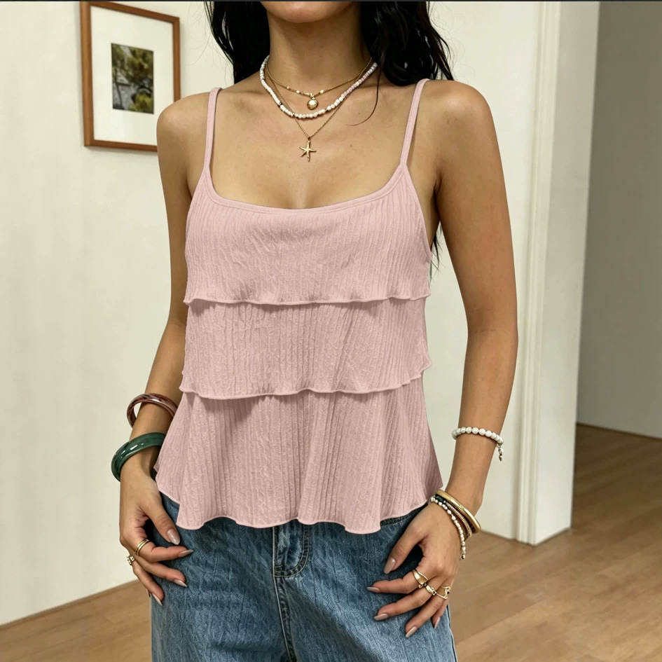 European and American cross-border summer square-neck multi-layer cake ruffled halter top for women, loose sleeveless outerwear short top
