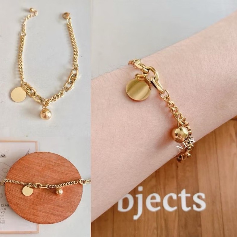 European and American style, light luxury, high-end, versatile gold bead round titanium steel bracelet for women, unique patchwork design, hip-hop exquisite jewelry.