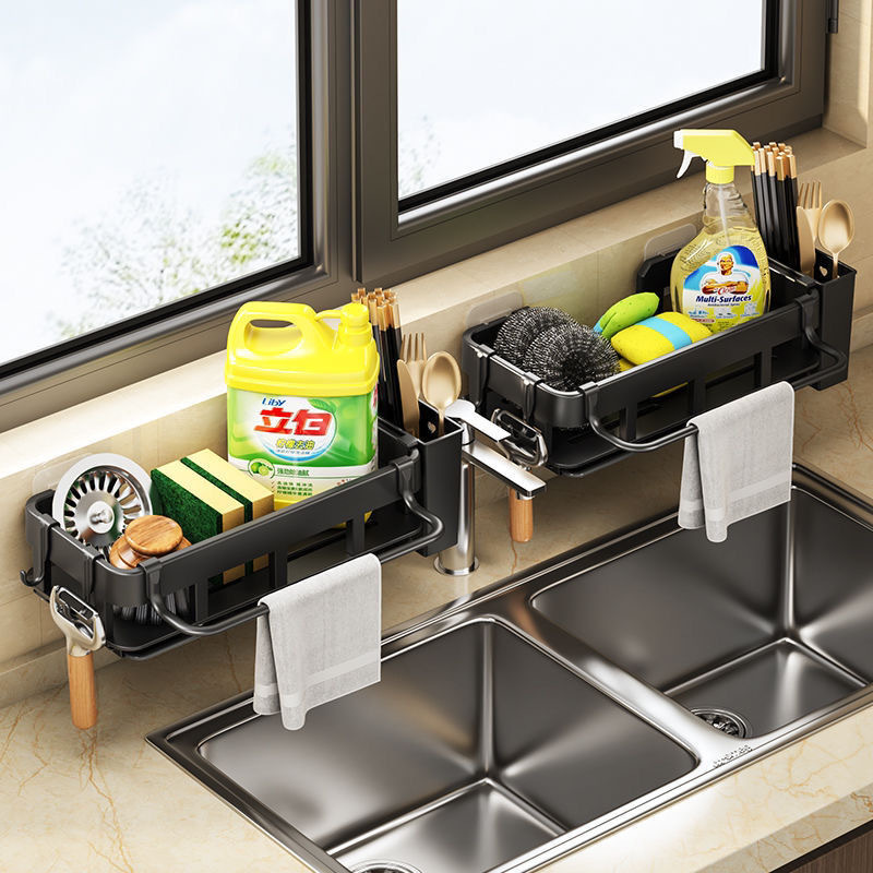 Kitchen storage rack, rag rack, faucet sink, dishwashing sponge, dishwashing liquid, drain sink, and storage rack