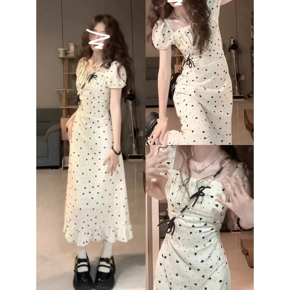 Square neckline, puff sleeves, floral print dress, 2026 new style, bodycon maxi dress, exquisite dress for petite women, perfect for early summer.