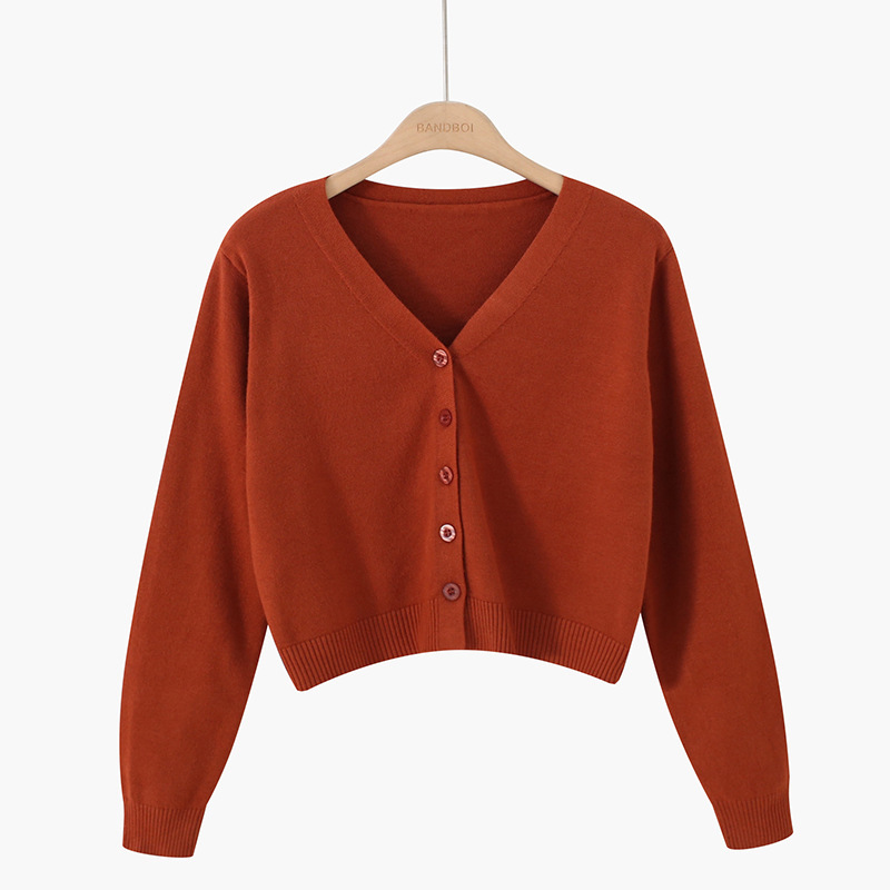 Korean style loose autumn short high-waisted long-sleeved cardigan sweater for women, V-neck knitted cardigan wholesale.