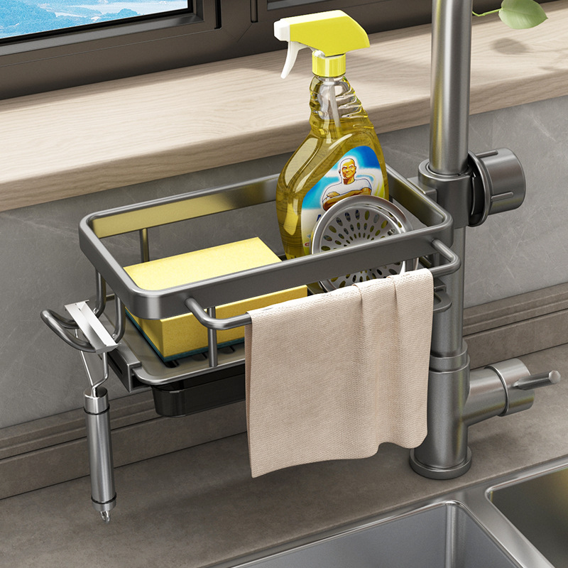 Kitchen faucet storage rack, dish and vegetable sink, sink rack, drain basket, sponge brush, scouring pad, rag storage rack