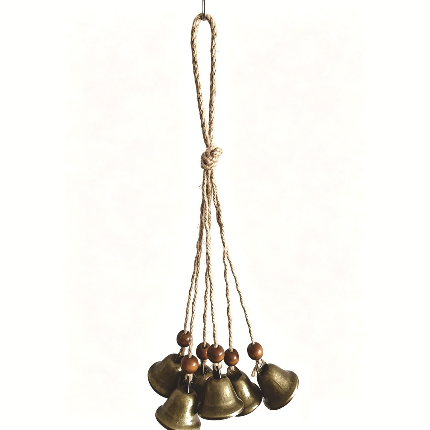 Hemp rope witch's bell with 8 coffee beads and 8 bells - a Halloween hanging decoration.