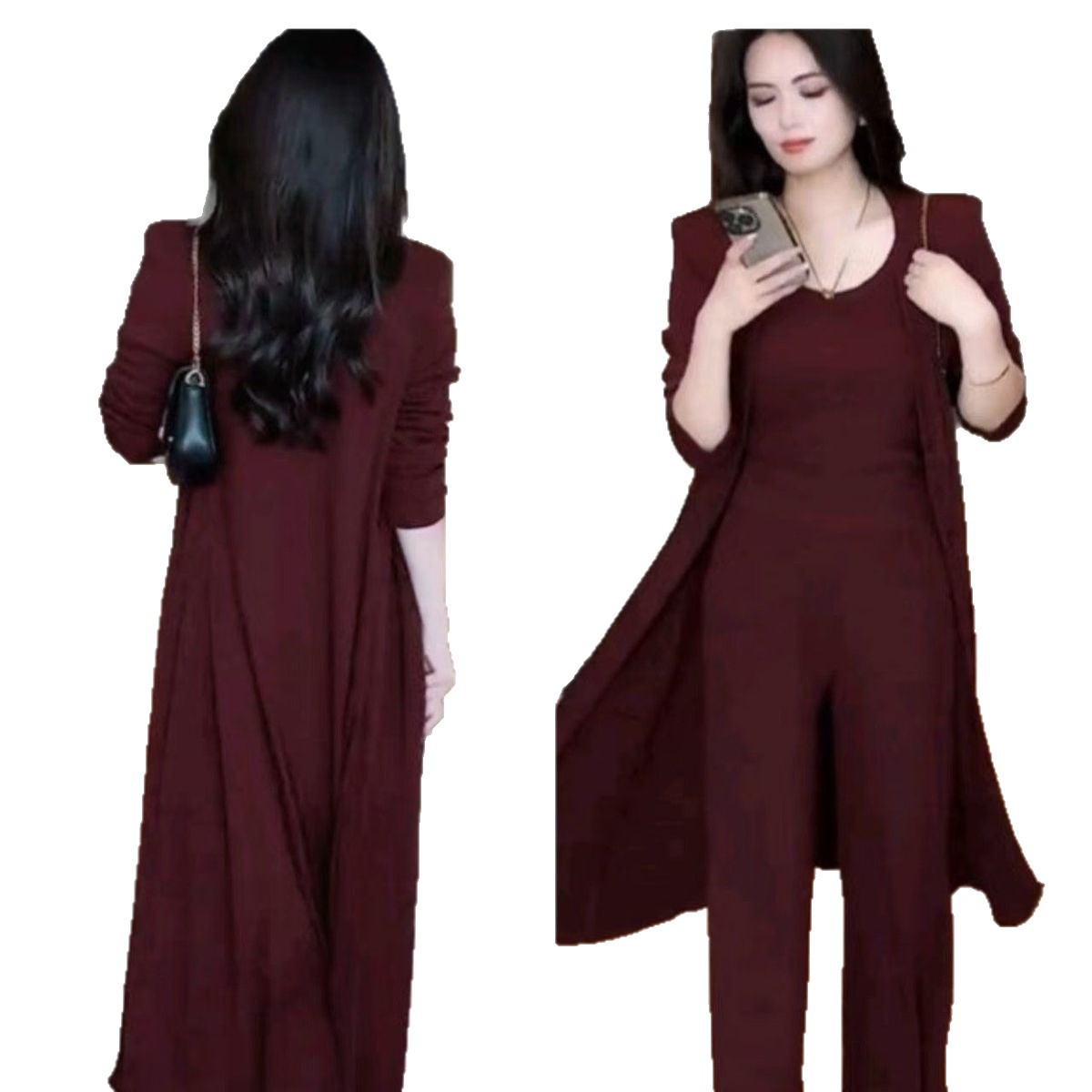 A large-sized mid-length cardigan jacket as a base layer for mom's outfit 2026 autumn new stylish and slimming straight-leg pants three-piece set