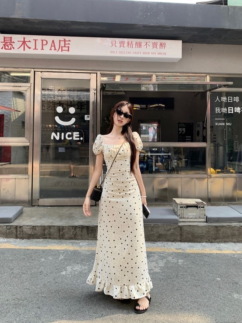 French-style square neck puff sleeve dress, summer elegant waist-cinching bodycon dress, tea dress, unique niche long dress.