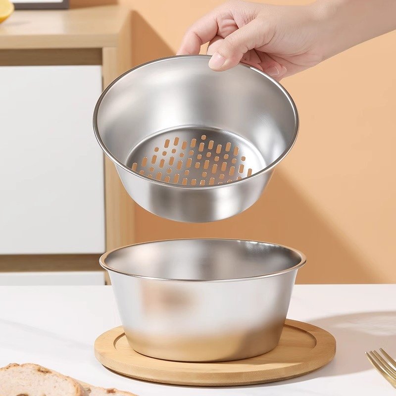 Japanese-style stainless steel fruit washing and draining basket, food-grade mini double-layer fruit plate, small size vegetable washing basin, new model.