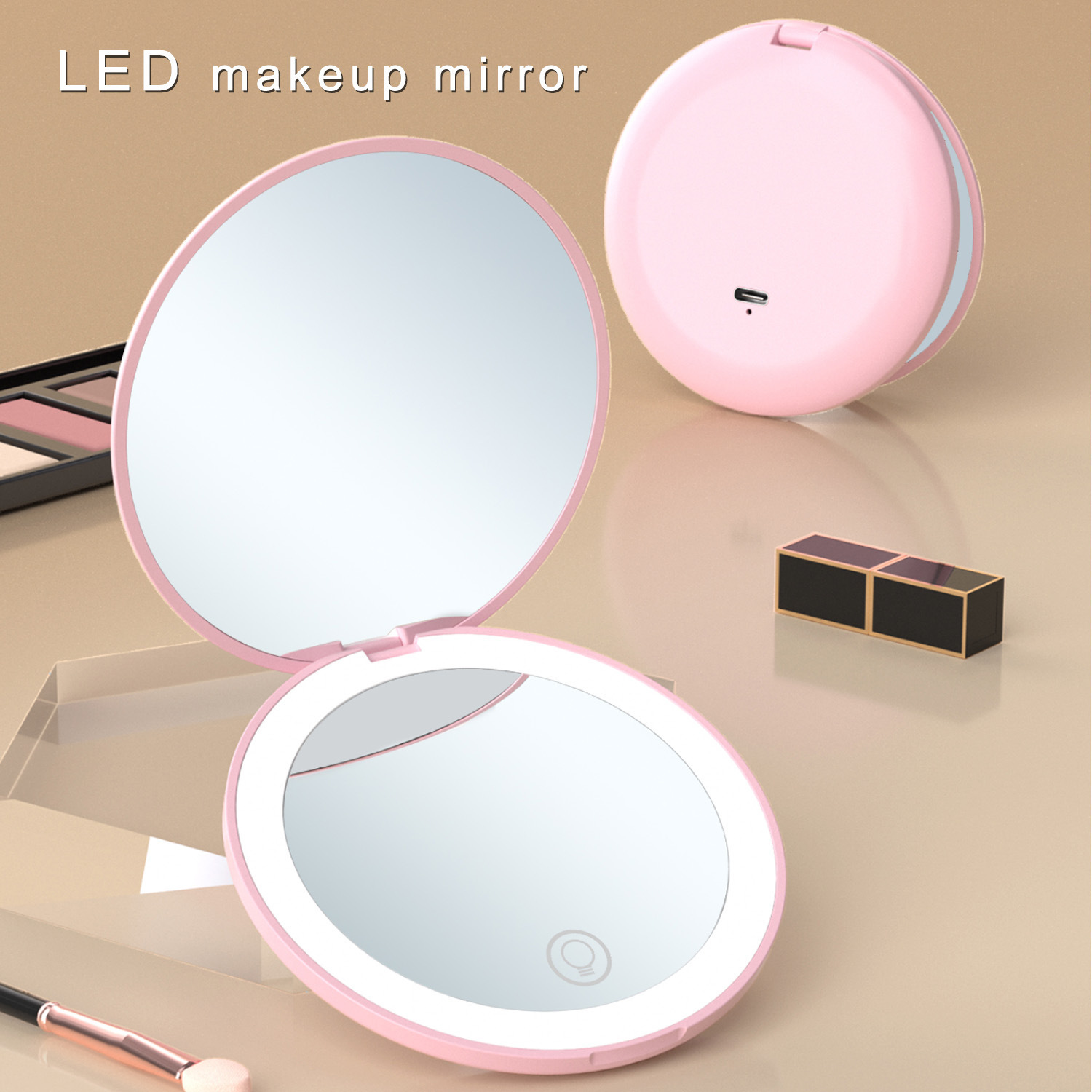 Handheld portable LED makeup mirror with light, folding round small mirror, practical and portable LED makeup mirror with light
