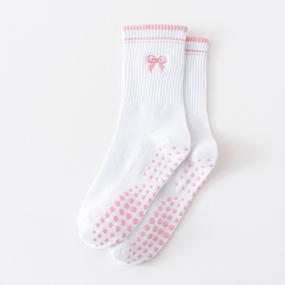 Women's yoga socks, mid-calf socks, glued non-slip, lace trim, cherry embroidery, professional training running Pilates socks