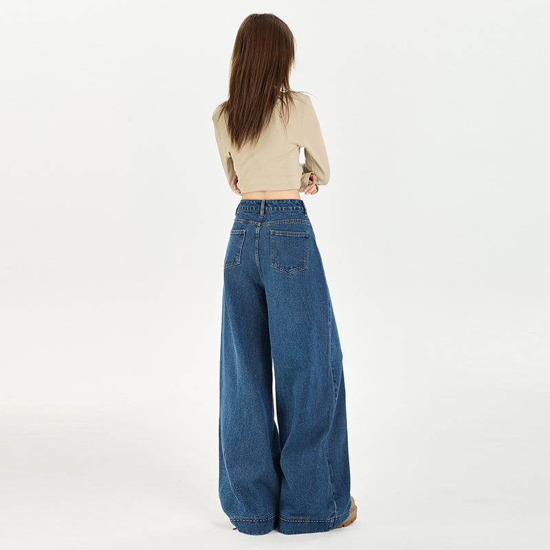 American blue jeans for women, 2025 early autumn new style, high-waisted loose, slimming, laid-back, straight-leg wide-leg floor-length pants