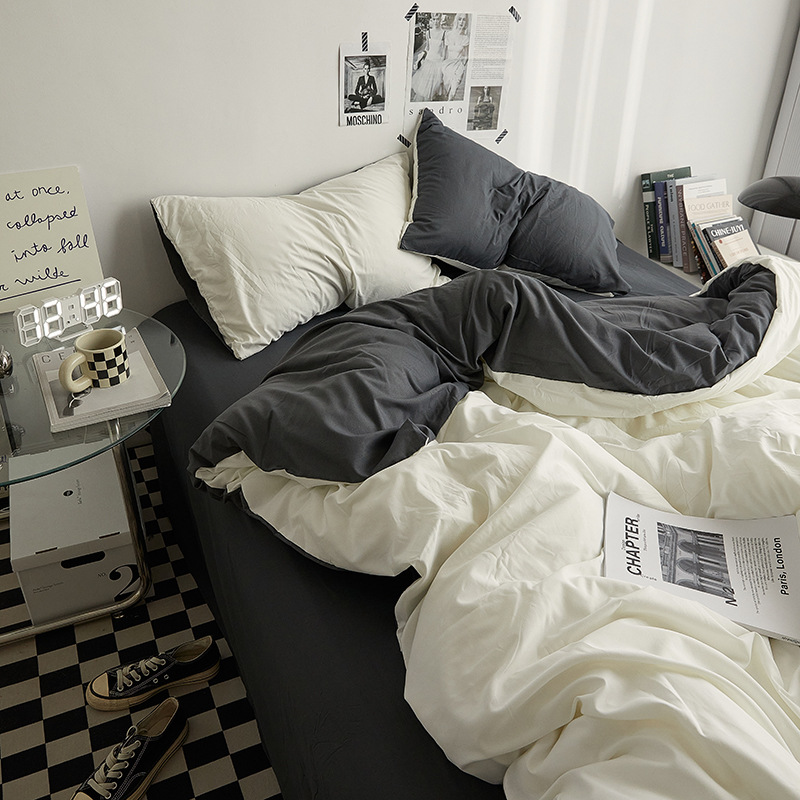 Four-piece set of bed sheets, quilt covers, quilt covers, solid-color washed cotton, student dormitory three-piece set of bed covers, full-size bedding