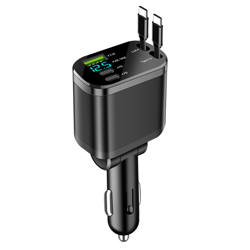 Digital display car charger retractable cable, car charger, PD car fast charging, super fast charging, 5-in-1 cigarette lighter, cross-border e-commerce.