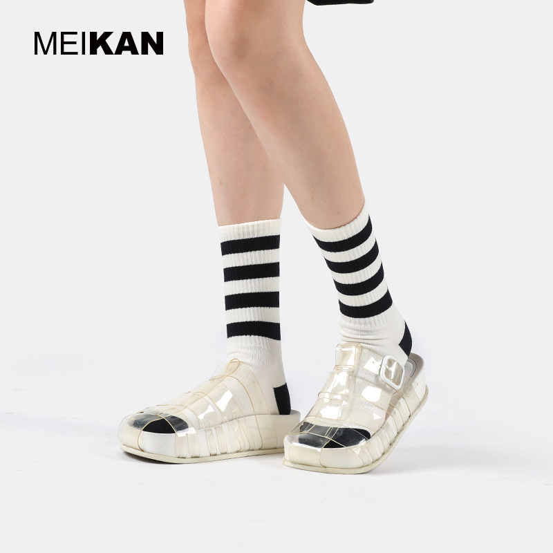 MEIKAN Black and White Striped Women's Socks, Spring and Autumn Style, Mid-Calf Socks, Cotton Socks, Seamless Socks, Campus Style, Japanese Style Socks