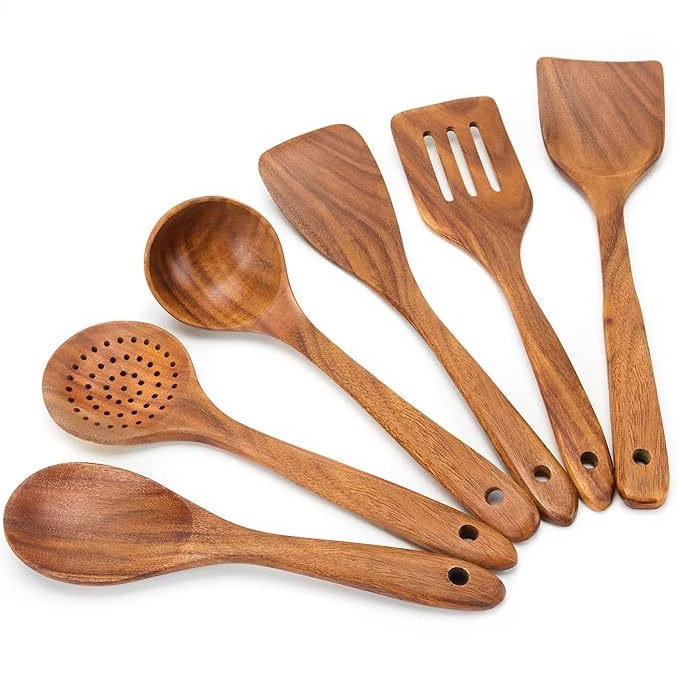 New teak set, acacia wood kitchenware, wooden stir-frying spatula, cooking spatula, long-handled spatula, non-stick pan, kitchen set