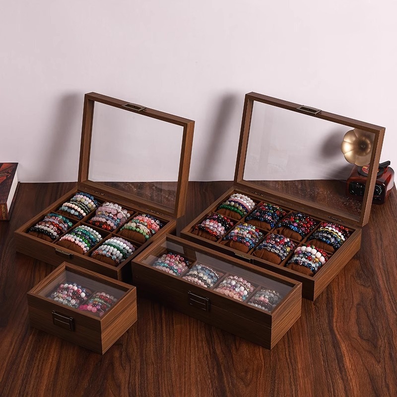 Vintage wood-grain leather storage box for cultural and recreational bracelets, crystal bracelet, jewelry box, bracelet accessories, and transparent display box for Buddhist prayer beads