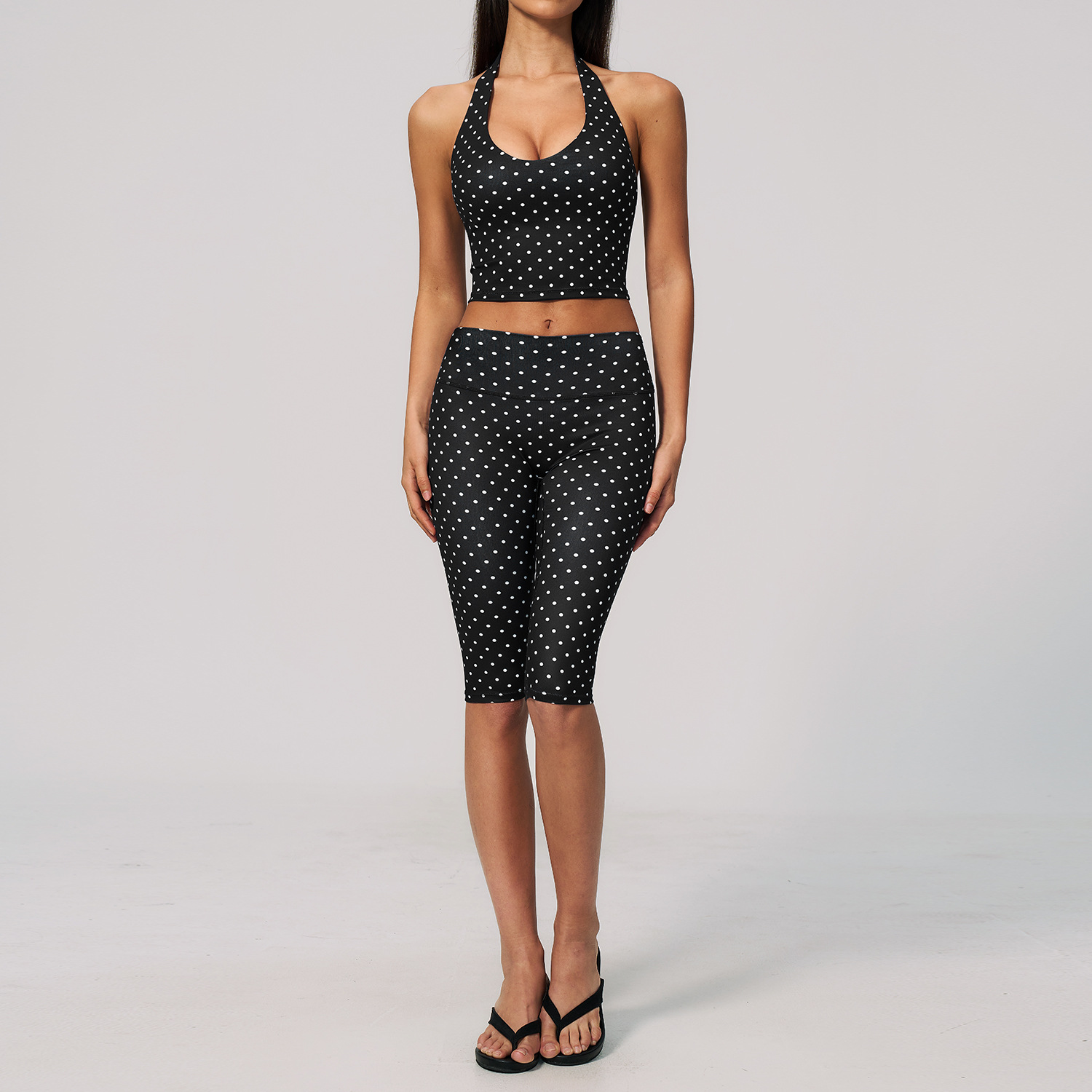 New cross-border polka dot yoga suit for women, polyester/spandex printed deep V high elastic three-dimensional fitness sports suit 4551