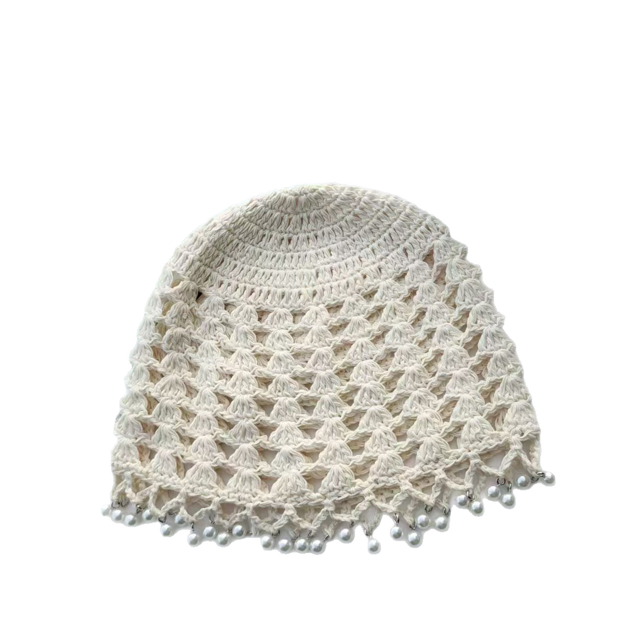 Hand-crocheted openwork pearl tassel vacation hat, off-white breathable hooded hat, women's summer sun protection hat.