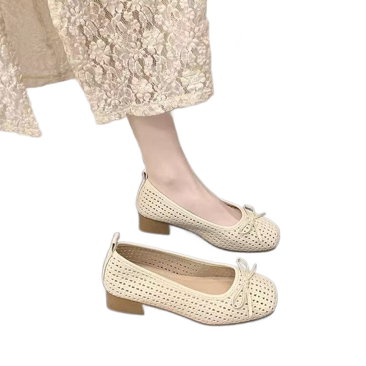 French-style openwork shallow opening single shoes for women, summer breathable, soft-soled, thick-heeled Mary Jane shoes, versatile ladle shoes