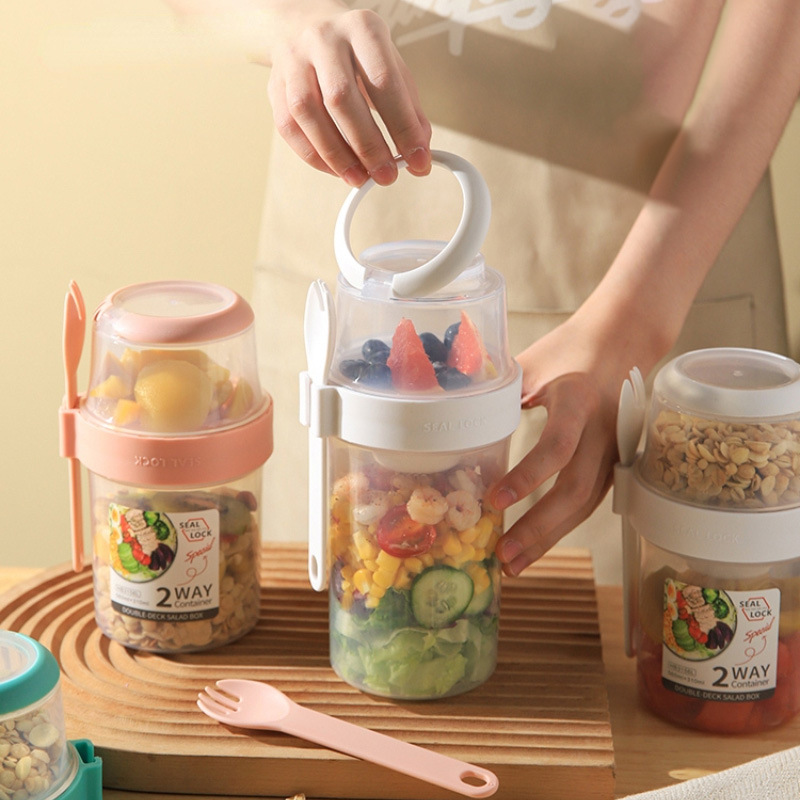 Outdoor fat-reducing salad cup, fruit preservation box, double-layer with spoon dipping sauce box, ins plastic cup, portable leak-proof lunch box