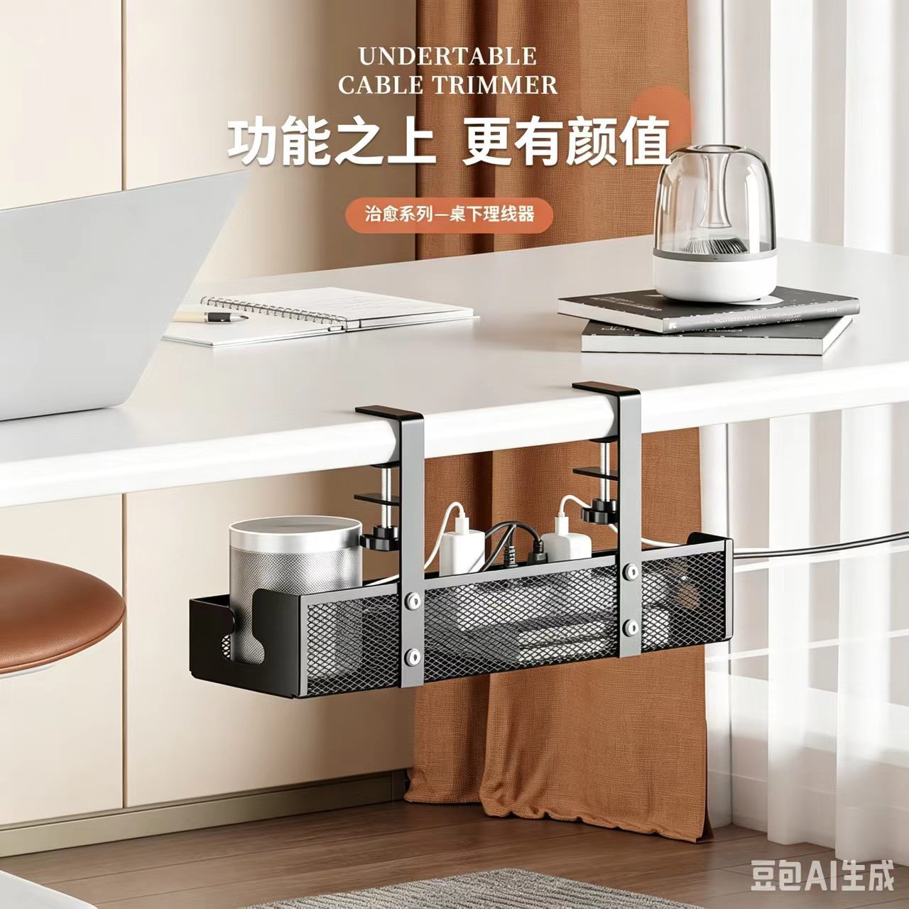Under-desk cable management basket, under-desk cable rack, power cord tray, organizer box, office storage solution.