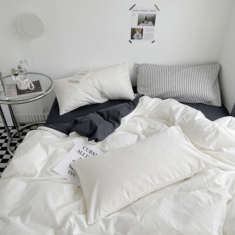Solid color brushed washed cotton four-piece bed sheet set, duvet cover double-layer three-piece set, home and dormitory bedding, Nantong.