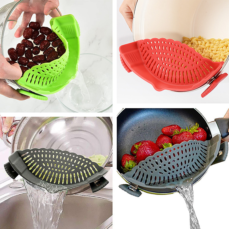 Kitchen clip-on silicone pot drainer, spill preventer, noodle residue filter, fruit and vegetable drain basket