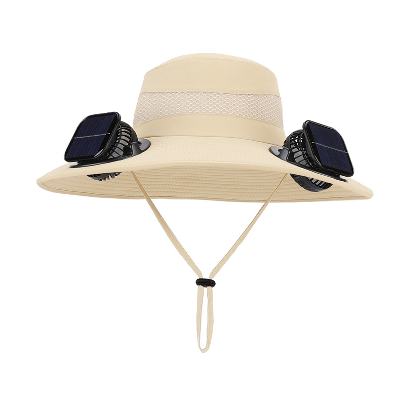 Solar-powered dual-fan hat for men, summer outdoor hiking and fishing, sun protection hat, wide brim, breathable fisherman hat.