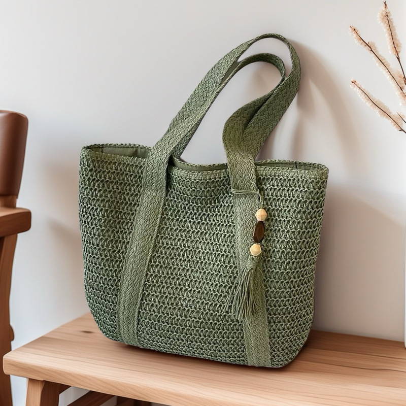 Korean style wooden bead tassel hand-woven bag, large capacity straw bag, shoulder tote bag, vacation beach bag, handbag.