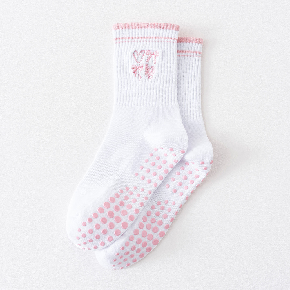 Women's cross-border socks, mid-calf socks, embroidered bow and heart yoga socks, professional sports silicone non-slip Pilates socks