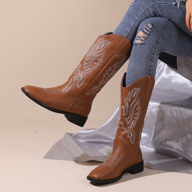 Soft leather Western cowboy boots, embroidered knight boots for women, 2026 new cross-border thick-heeled mid-calf retro V-neck Dr. Martens boots