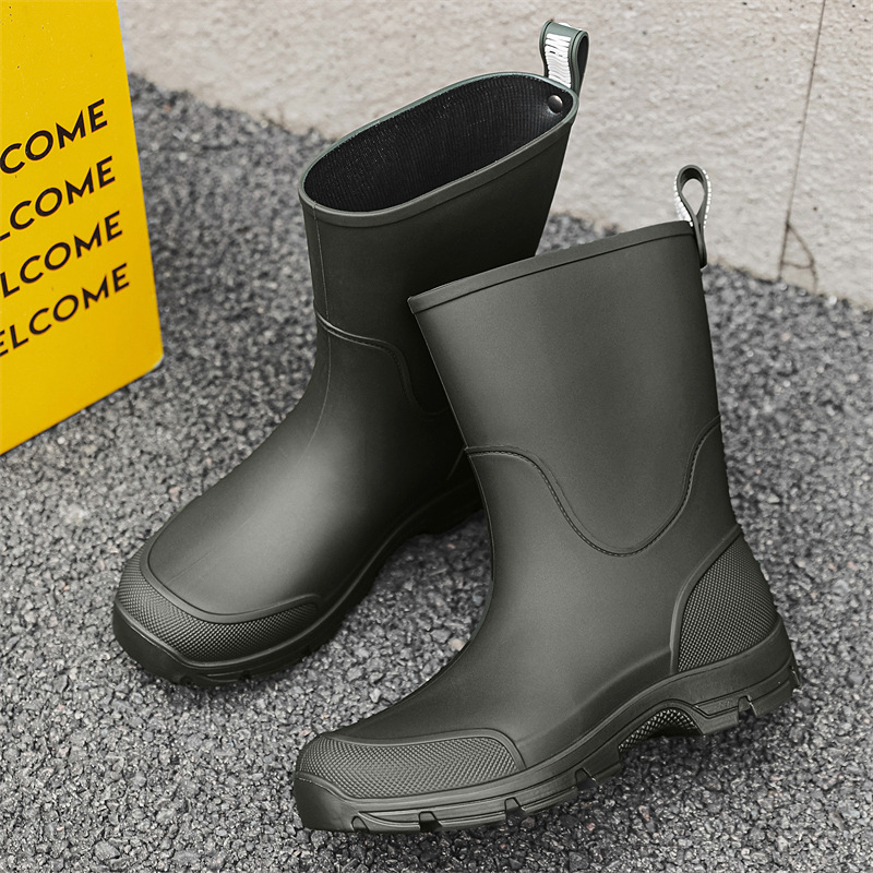 Outerwear mid-calf drawstring couple rain boots, waterproof casual rain boots, lightweight kitchen non-slip rubber shoes, thick-soled work water shoes