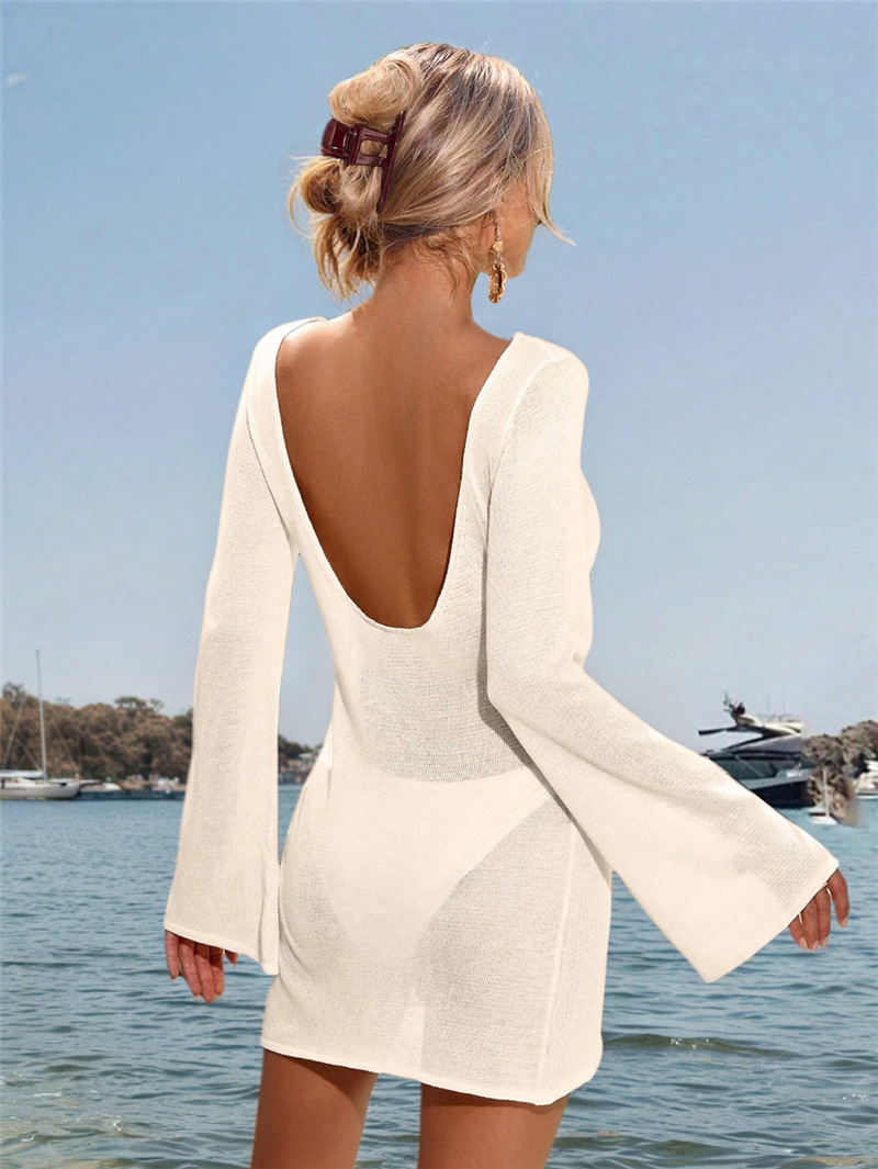 European and American cross-border 2026 women's sexy see-through lightweight bell sleeve backless solid color slim-fit cover-up knit dress