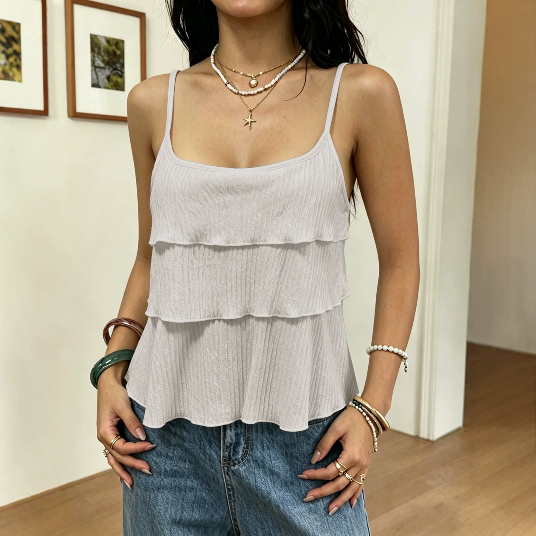 Amazon 2026 European and American Cross-border Summer New Women's Vacation Casual Multi-layer Cake Design Sleeveless Vest