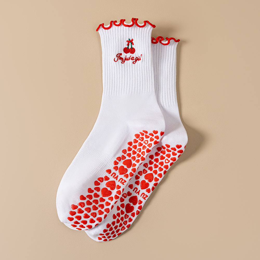 Women's mid-calf athletic socks with cute lace embroidery, professional anti-slip Pilates socks, yoga socks with floor grip.