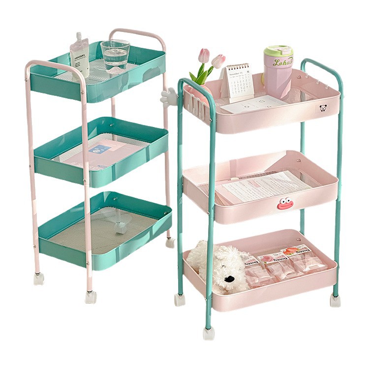 Floor-standing multi-tiered movable storage rack for bedroom, living room, kitchen, bathroom, dormitory, snack rack, trolley, and general storage.
